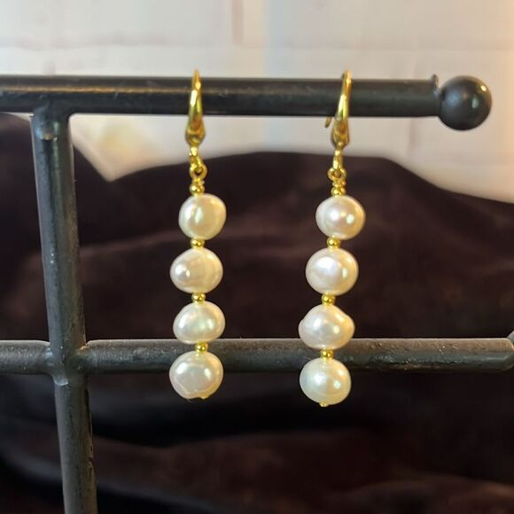 NWT Gorgeous Freshwater Pearl Dangle 14Yg/925 Sterling Silver Leverback Earrings - Picture 3 of 6